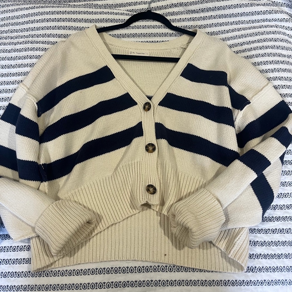By Together Navy and Cream Button-Up Cardigan